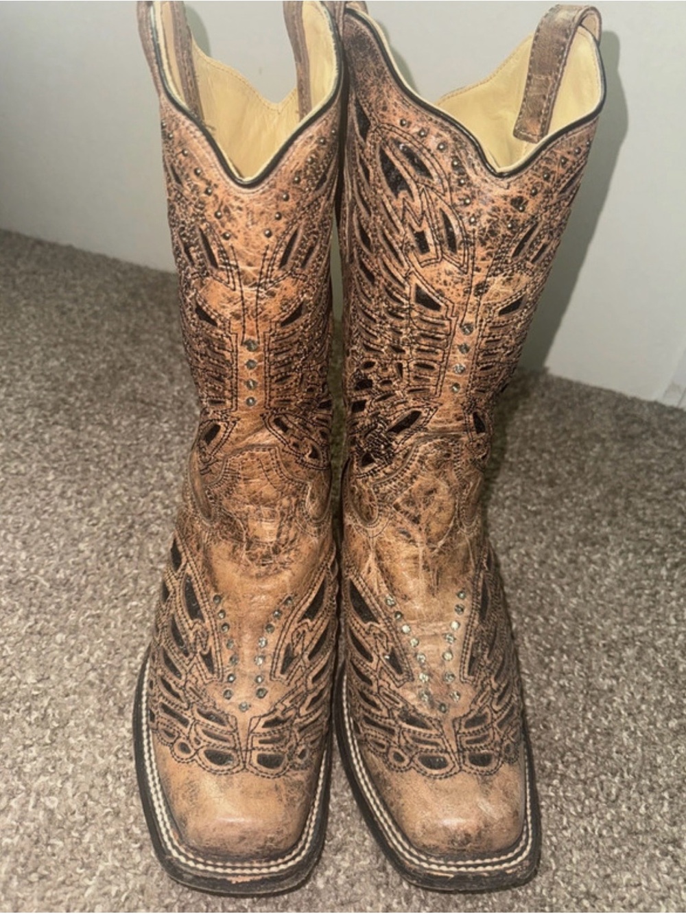 Corral Distressed Leather Butterfly Sequin Crystal Cowboy Boots-Sz 9.5